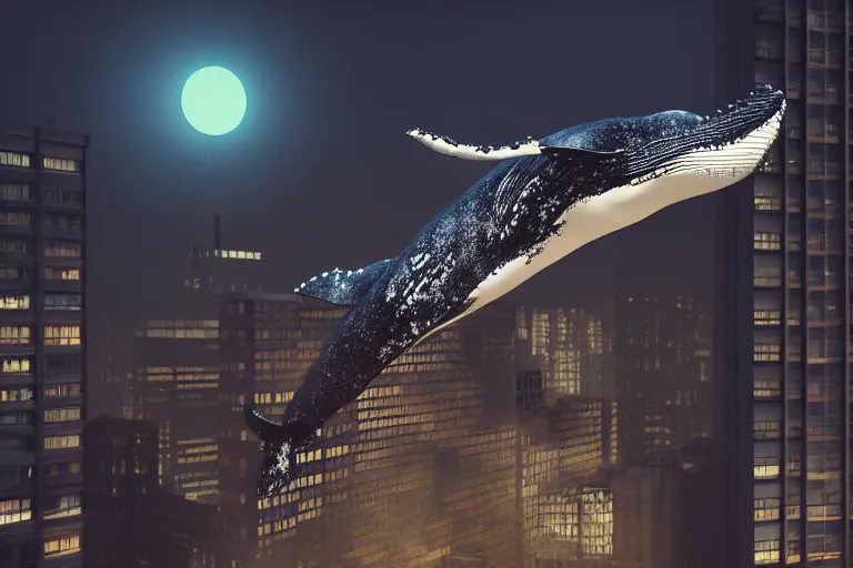 Image similar to whale flying over a building at night time, wearing fashion clothing, id magazine, hyperrealism, detailed textures, photorealistic, 3 d city, ultra realistic, cinematic, intricate, cinematic light, unreal engine 5, octane render, david kostic, artgerm