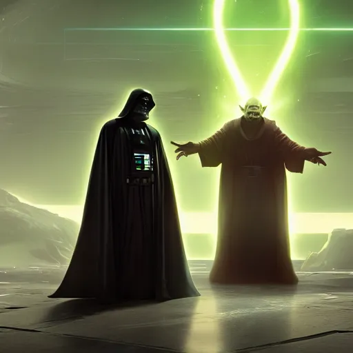 Image similar to darth sidious teaches master yoda the dark side of the force, 8 k uhd, unreal engine, octane render in the artstyle of finnian macmanus, john park and greg rutkowski