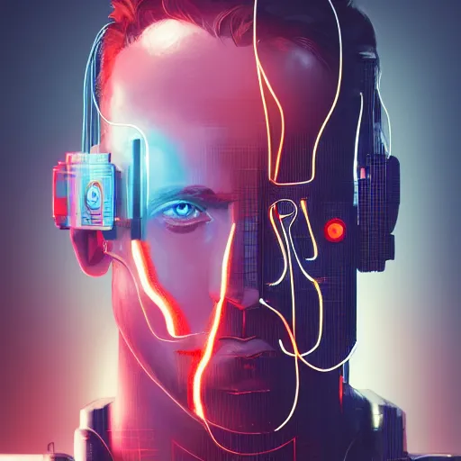 Image similar to a Portrait of a cyborg with wires coming out of his face, red glowing eyes, by Sam Spratt, by Vlad Rodrig﻿u﻿e﻿z, computer screens in the background, trending on Artstation, dark, dramatic, cinematic, realistic studio lighting, realistic reflections, 4k, professional, canon