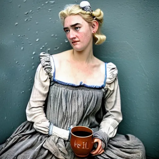 Prompt: A 18th century, messy, silver haired, (((mad))) elf princess (look like ((young Kate Winslet))), dressed in a hackly ((ragged)), wedding dress, is ((drinking a cup of tea)). Everything is underwater! and floating. Greenish blue tones, theatrical, (((underwater lights))), high contrasts, fantasy water color, inspired by John Everett Millais's Ophelia