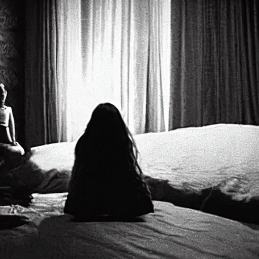 Prompt: movie still of a girl and a demon sleep paralysis, cinematic composition, cinematic light, criterion collection, by edgar wright and edgar allan poe