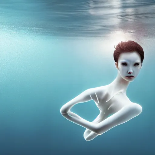 Image similar to beautiful centered fine art photo portrait of hoyeon jung as a solarpunk robotic humanoid treading above water, white mechanical parts with led lights, ultra - detailed and intricate, white background, sun lighting, soft focus, slow exposure hdr 8 k