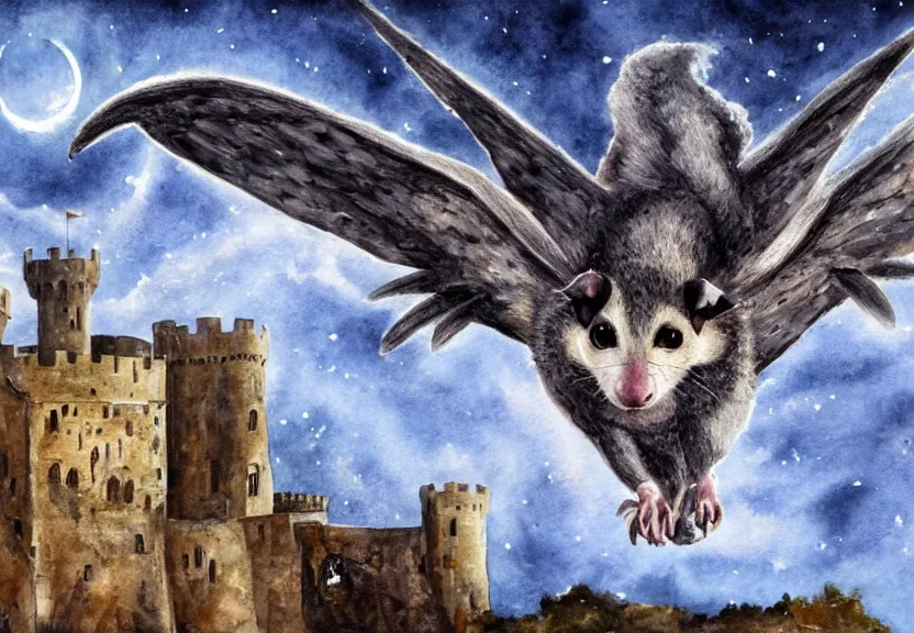 Prompt: epic winged possum flying over a medieval castle under a dark starred sky, dark fantasy, watercolor, dreaming illusion, highly detailed, 4k, trending on Artstation, award-winning