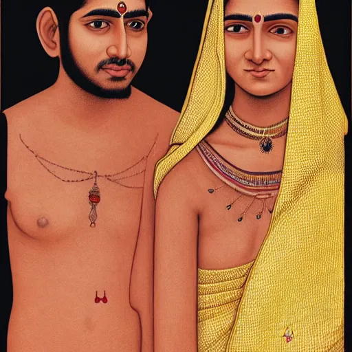 Image similar to perfectly centered symmetrical split male and female portrait of young indian man and woman in love sharing one heart. illustration, highly detailed, simple, no jagged lines, smooth, artstation, artwork by mike worrall