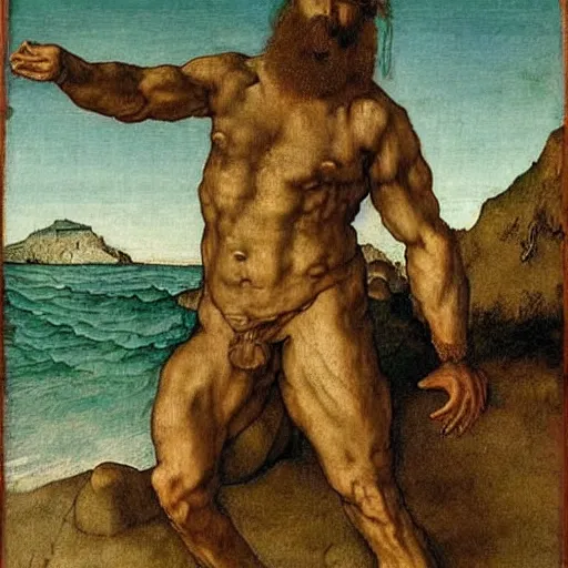 Image similar to muscular man with beard rising from the ocean, painting by Albrecht Dürer