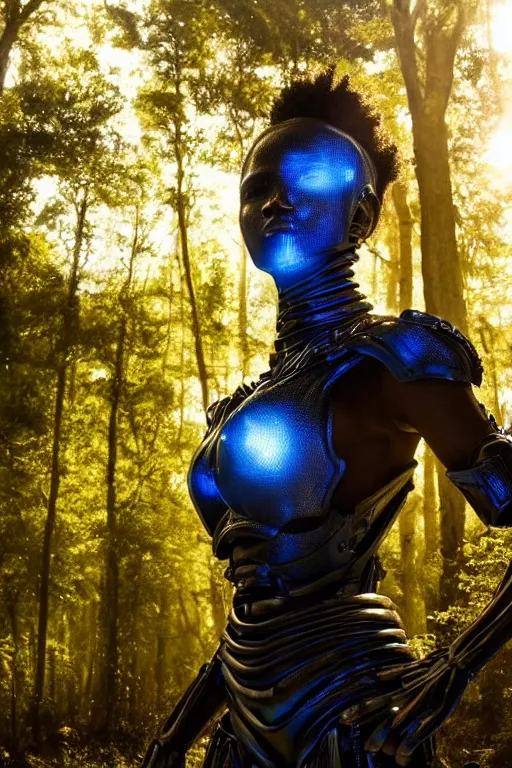 Image similar to hyperrealistic very beautiful black woman, highly detailed exoskeleton armor in a forest, sun behind her, concept art eric zener elson peter, dramatic blue light low angle hd 8k sharp focus