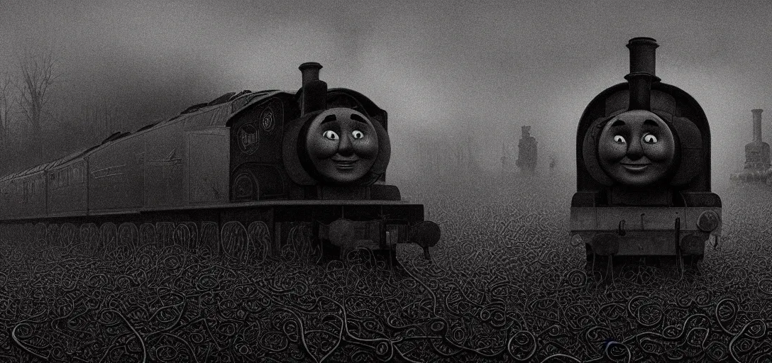 Image similar to thomas the tank engine in style of zdzisław beksinski, extremely dramatic lighting, 8 k, tendrils, black, darkness, black slime tendrils, infected, rust, body horror, thomas the train, thomas the tank engine face, horror,