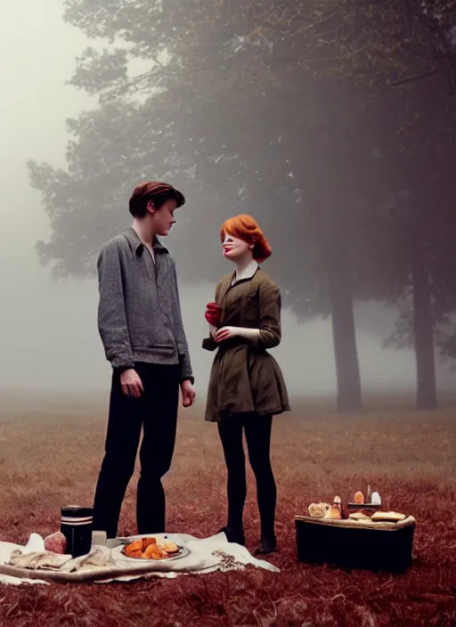 Image similar to emma stone having a picnic with tom holland, faded color film, russian cinema, tarkovsky, kodachrome, old clothing, heavy fog, 4 k, dramatic lighting, greg rutkowski