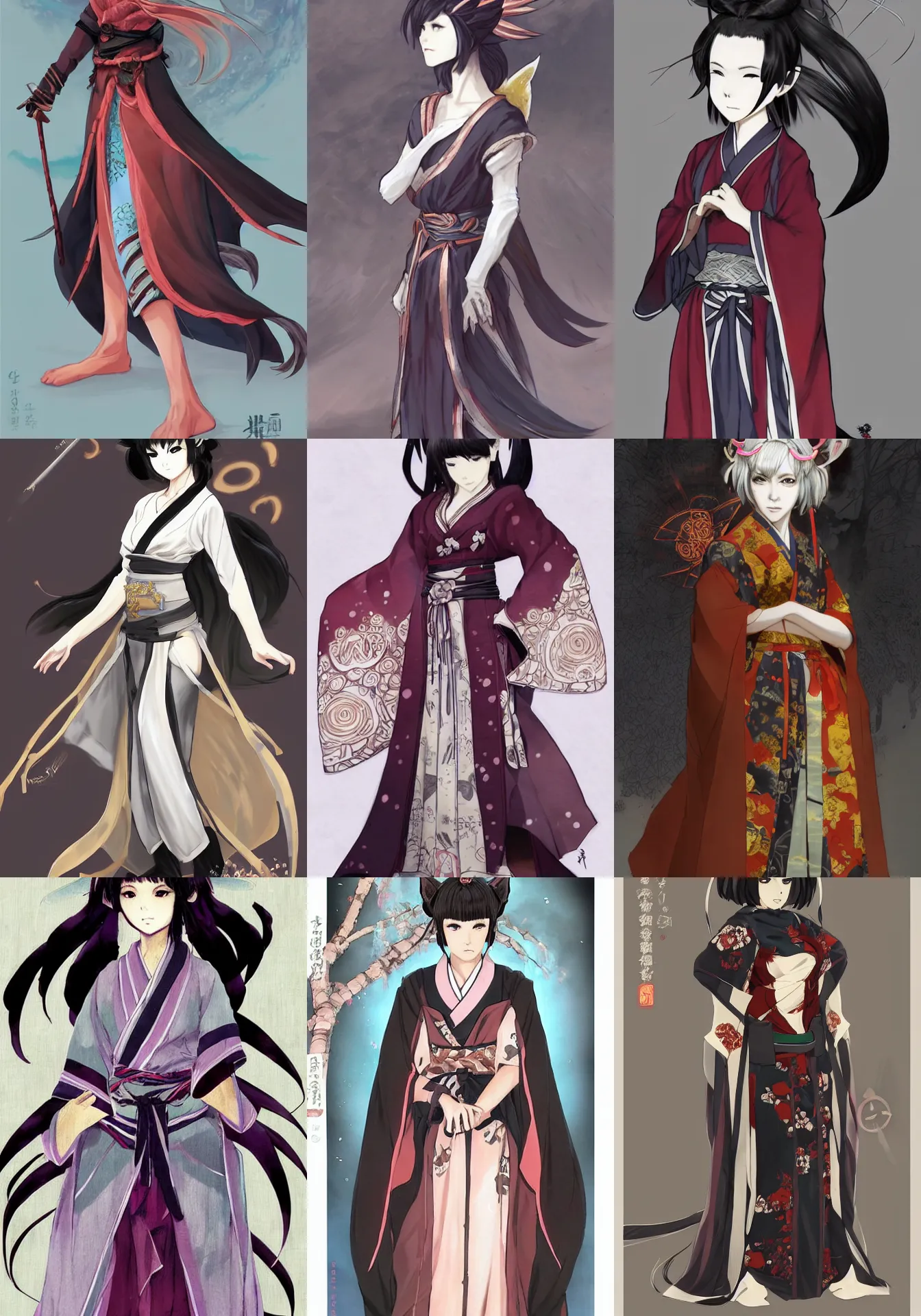 Prompt: A anime full-body portrait of Ssunbiki as a beautiful older kitsune woman with dark hime cut hair wearing a kimono from Skyrim, by Stanley Artgerm Lau, WLOP, Rossdraws, James Jean, Andrei Riabovitchev, Marc Simonetti, and Sakimichan, trending on artstation, cinematic character concept art, itty bitty waist, round thing in your face, 36-24-36, 5'3