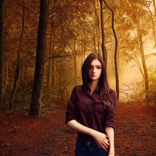 Prompt: real life photo of a beautiful girl, full body photoshoot, long brown hair, brown eyes, full round face, short smile, long sleeved belly free brown shirt, forest setting, cinematic lightning, medium shot, mid - shot, highly detailed, trending on artstation, unreal engine 4 k, 8 0 mm, 8 5 mm, cinematic wallpaper