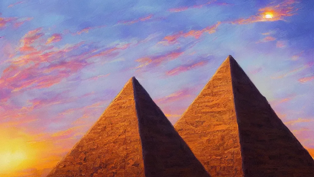 Image similar to Trending on artstation, beautiful pyramid with golden tip illuminated by the sunset, detailed matte painting, oil on canvas