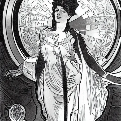 Image similar to a woman floating in a glowing cylinder in a science fiction laboratory by Alphonse Mucha