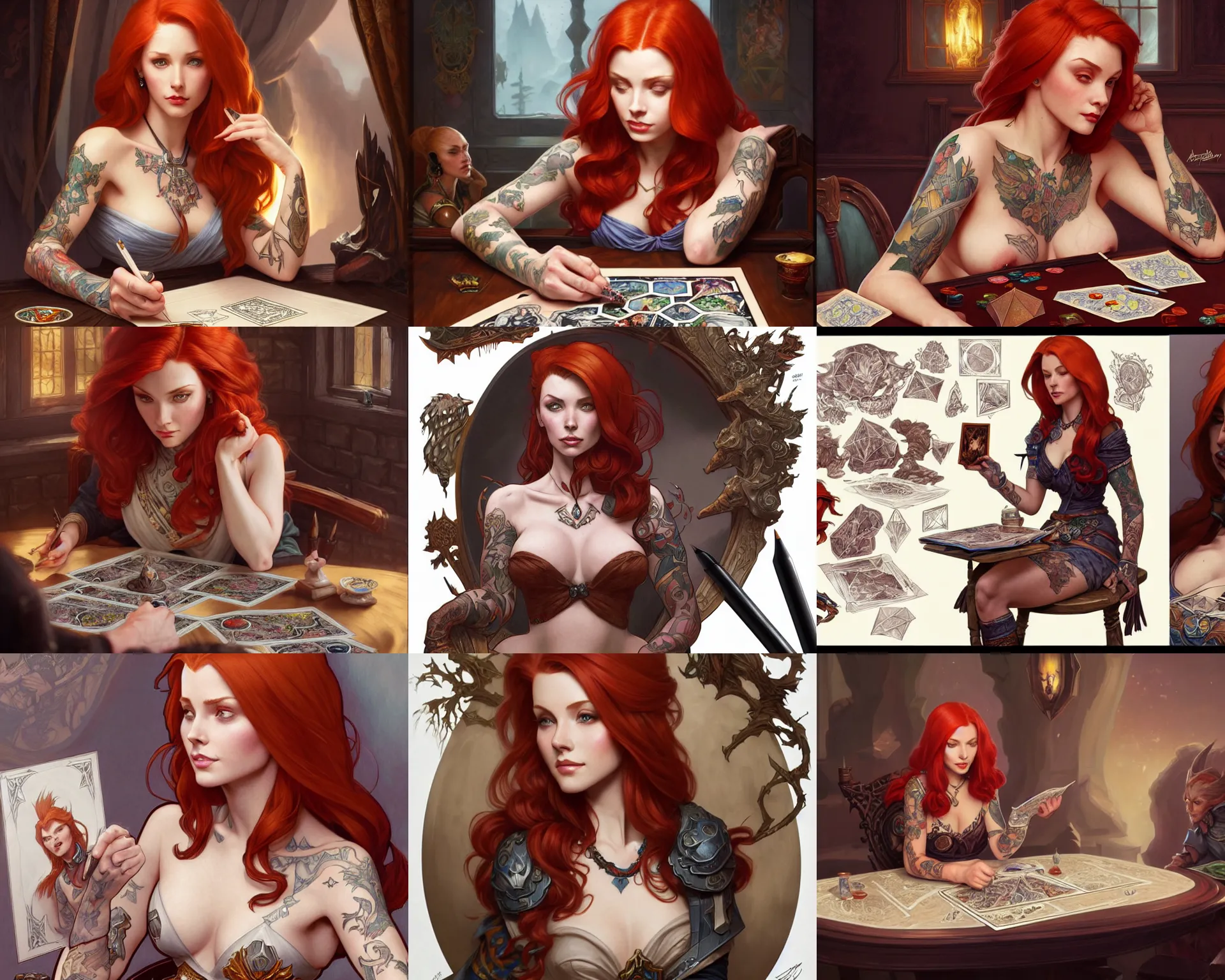 Prompt: redheaded tattooed sophia lauren sitting at table playing dnd, character sheet, deep focus, d & d, fantasy, intricate, elegant, highly detailed, digital painting, artstation, concept art, matte, sharp focus, illustration, hearthstone, art by artgerm and greg rutkowski and alphonse mucha.