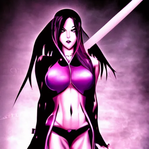 Prompt: psylocke from xmen in a dark anime horror, dark manga style realistic, photo taken by the death purple god