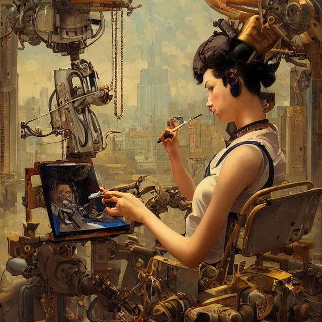 Image similar to robot artist painting a self - portrait on a canvas. intricate, highly detailed, digital matte painting, in the style of alexandros pyromallis, and in the style of sachin teng, and in the style of hans thoma, and in the style of gil elvgren. irony, recursion, inspiration, steampunk.