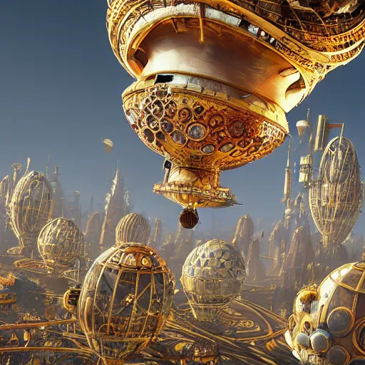 Image similar to enormous flying city in a faberge egg, clear skies, steampunk, fantasy art, masterpiece, unreal engine