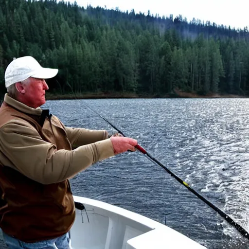 Image similar to donald trump fishing with putin beautiful lake