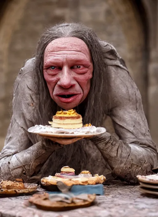 Image similar to closeup portrait of a medieval goblin eating cakes in the cloisters, depth of field, zeiss lens, detailed, symmetrical, centered, fashion photoshoot, by Annie Leibovitz and Steve McCurry, David Lazar, Jimmy Nelsson, Breathtaking, 8k resolution, extremely detailed, beautiful, establishing shot, artistic, hyperrealistic, beautiful face, octane render