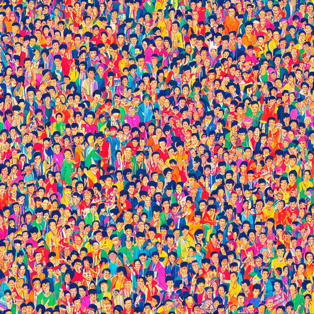 Prompt: a Where's Wally of a chinese prison by lisa frank, beautiful, bold colors, detailed, high resolution, realistic, intricate
