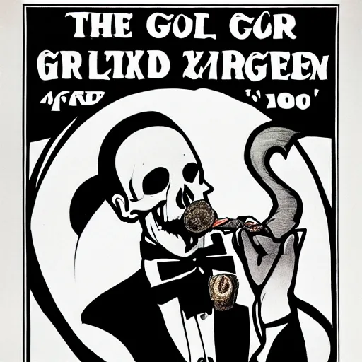 Prompt: a goat's skull, wearing a tuxedo and smoking a cigar, in the style of a 30's propaganda poster