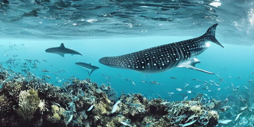 Image similar to hyperrealistic underwater photography, panoramic picture of an ocean floor with in the distance some whale sharks. focus on the sharks. the sharks are anatomically correct and highly detailed. the shark's eyes are intricately detailed. there are lots of bubbles. seaweed and some rocks. gloomy scattered light entering from the water surface, trending on artstation, hq, 4 k