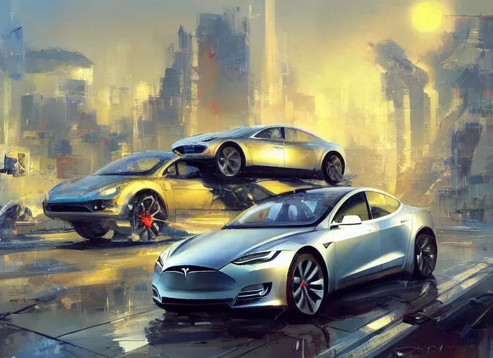 Prompt: Tesla Company, concept art oil painting by Jama Jurabaev and John Berkey, extremely detailed, brush hard, artstation