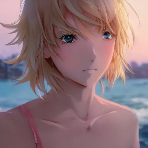 Prompt: a very beautiful anime boy, full body, blonde, golden eyes, short smile, casual clothes, serene beach setting, cinematic lightning, medium shot, mid-shot, highly detailed, trending on artstation, Unreal Engine 4k, cinematic wallpaper by Stanley Artgerm Lau, WLOP, Rossdraws, James Jean, Andrei Riabovitchev, Marc Simonetti, and Sakimichan