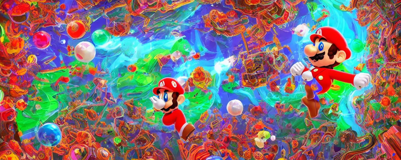 Prompt: glichy red blue green illustration super mario as real human having psychedelic trip on mushrooms shamanic atmosphere machground with chemical molecules structures. hypnotic fractals spirals. by sachin teng and sergey kolesov and ruan jia and heng z. graffiti art, scifi, fantasy, hyper detailed. octane render. concept art. trending on artstation