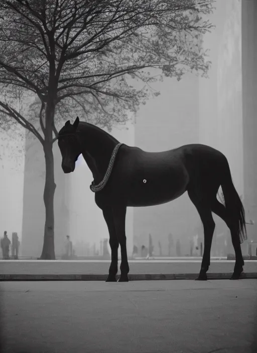 Prompt: a photograph of a horse in front of the metropolitan museum of art, foggy, 3 5 mm, color film camera, pentax