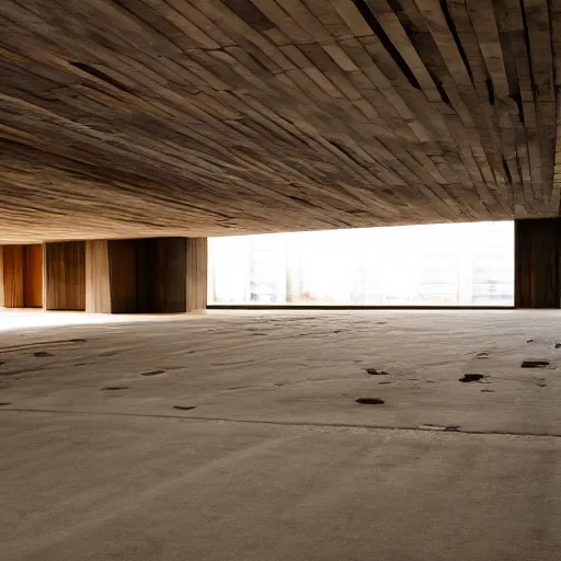 Image similar to interior of a wooden brutalist building