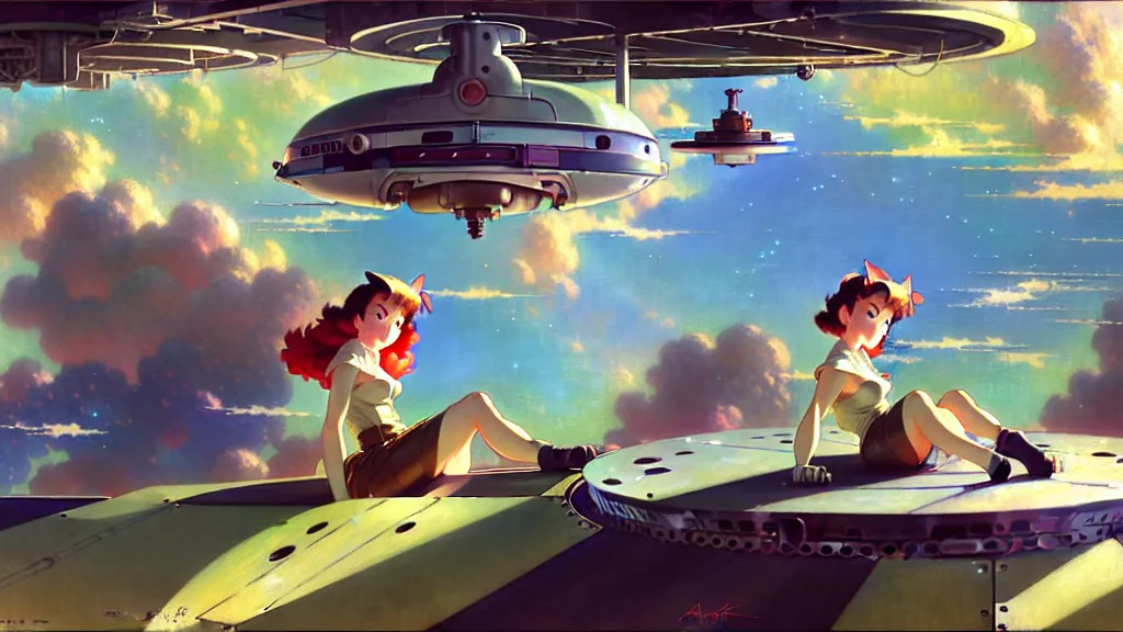 Prompt: a film still of a 1 9 5 0's mechanic anime girl sitting on top of flying ufo landing in hangar of giant ufo spaceship, trending on pixiv fanbox, painted by gaston bussiere, makoto shinkai, akihiko yoshida, gaston bussiere, craig mullins