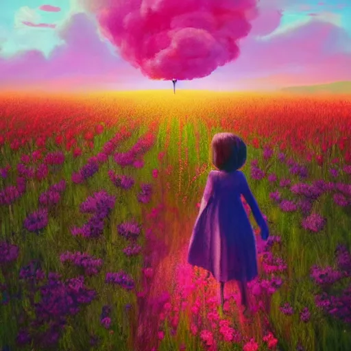 Image similar to giant flower as a head, girl walking in flower field, surreal photography, sunrise, dramatic light, impressionist painting, colorful clouds, digital painting, artstation, simon stalenhag