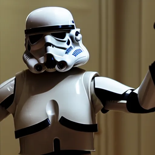 Image similar to christina ricci as a stormtrooper, taking her helmet off