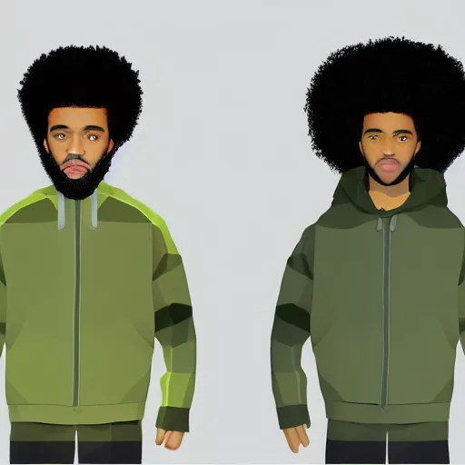 Prompt: low polygon render of a black man with afro hair and raspy bear stubble, wearing an army green adidas jacket, high quality, minimalist