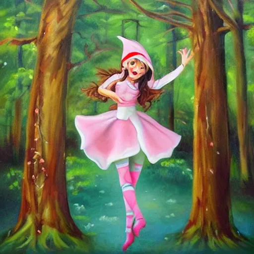 Prompt: cute elf young woman being kawaii and dancing happily through the forest. Award winning oil painting