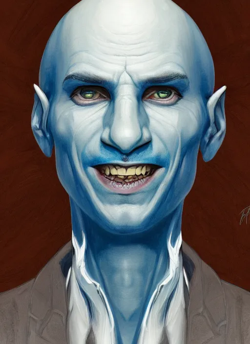 Image similar to head-on symmetrical centered painted portrait, a smiling bald androgynous man with completely blue skin in his thirties as a D&D wizard with the nose of Voldemort, fantasy, intricate, elegant, highly detailed, digital painting, smooth, sharp focus, illustration, artstation, in the style of Yoann Lossel and Conrad Roset