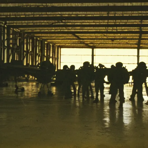 Prompt: soldiers searching through a hangar, 1 9 8 7, dim lighting, color, movie still