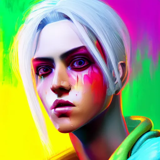 Prompt: A colourful neon filled painting of a female gang leader with white hair by Wlop and Z eD, Cyberpunk, handsome face, bomber jacket, white hair, yellow iris, golden eyes, trending on artstation, pixiv, 4k, HDR, unreal engine