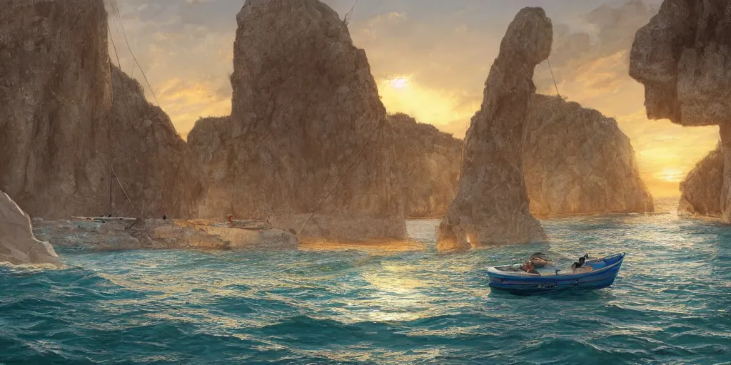 Image similar to looking out from a small dinghy on the water, low angle from water pov, wide angle, sunset, a mediterranean phoenician fishing village in the distance, over a chalk cliff, highly detailed, digital painting, artstation, concept art, sharp focus, illustration, art by artgerm and greg rutkowski and raphael lacoste and magali villeneuve