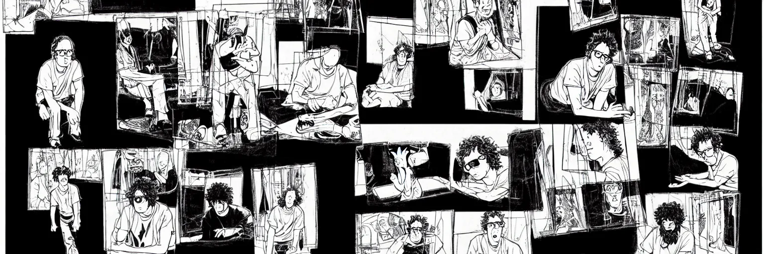 Image similar to character study of todd solondz tripping on mushrooms and becoming god | vivid colors : storyboard, graphic novel, adult comics, dramatic and emotional, concept design, realistic. by gabriel hardman, joe alves, j. todd anderson, chris bonura. cinematic atmosphere, detailed and intricate, perfect anatomy