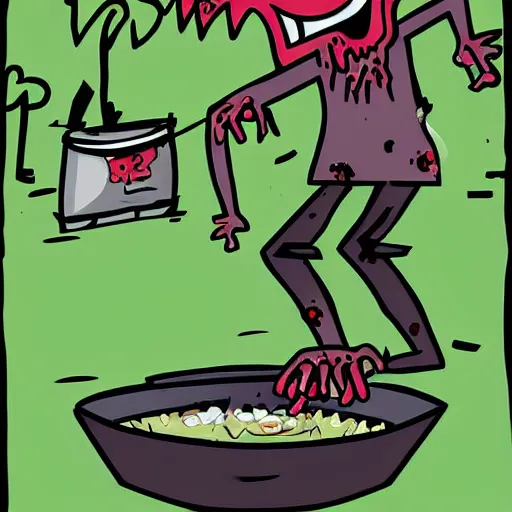 Image similar to a zombie puts out a bowl of soup as a trap for adventurers looking to loot his fake corpse, but they walk right past it and into a pitfall while he laughs at them from behind the bushes, digital art