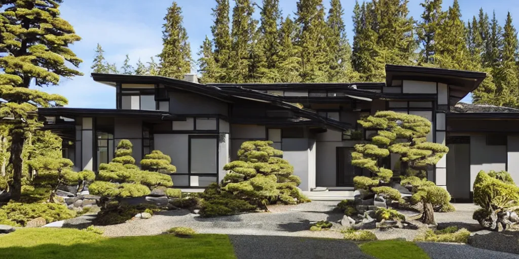 Prompt: large modern residence, pacific northwest japanese style, flared japanese black tile roof, many large windows, elegant