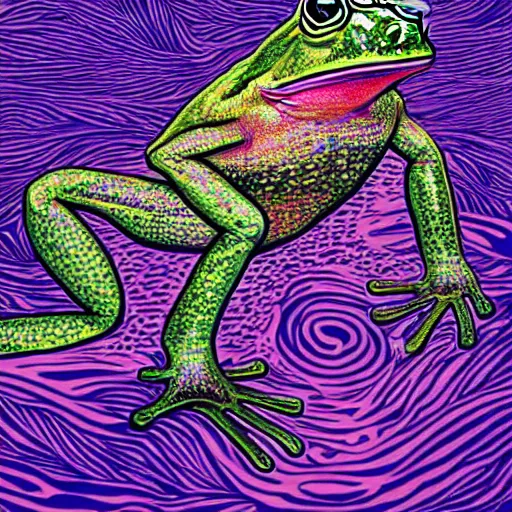 Image similar to Alex Jones turning thousands of frogs gay. Super resolution. Award winning illustration art in the style of Alex Grey