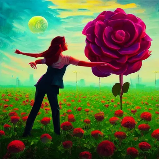 Image similar to portrait, giant rose flower head, girl dancing in a suit, surreal photography, sunrise, blue sky, dramatic light, impressionist painting, digital painting, artstation, simon stalenhag