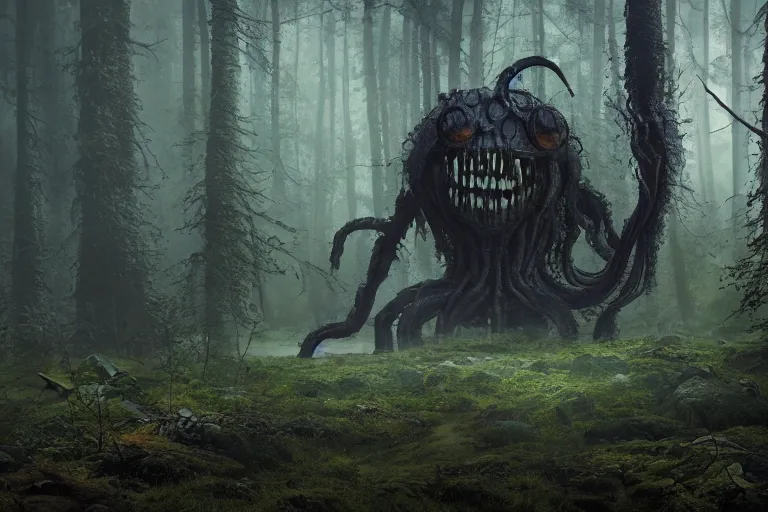 Image similar to dark eldritch monster in a swedish forest, very low angle photograph, very detailed, trending on artstation, realistic, soft colors, simon stålenhag, lovecraft, horror