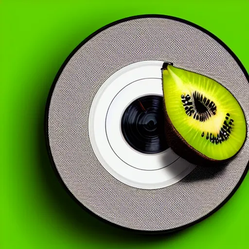 Image similar to miniature of vinyl turntable vinyl record in shape of huge kiwi fruit, 4 k, digital art, unreal render, hyperrealistic textures, product shot, top view