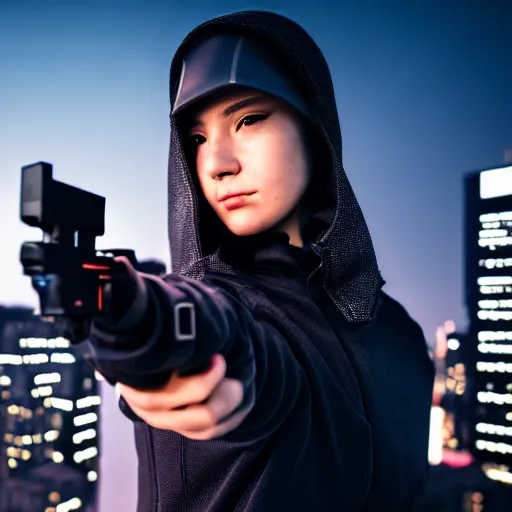 Image similar to photographic portrait of a techwear woman holding a Glock 18, closeup, on the rooftop of a futuristic city at night, sigma 85mm f/1.4, 4k, depth of field, high resolution, 4k, 8k, hd, full color