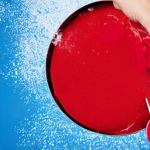 Image similar to dropping a ball into an open tin of red paint splashing advertising photo