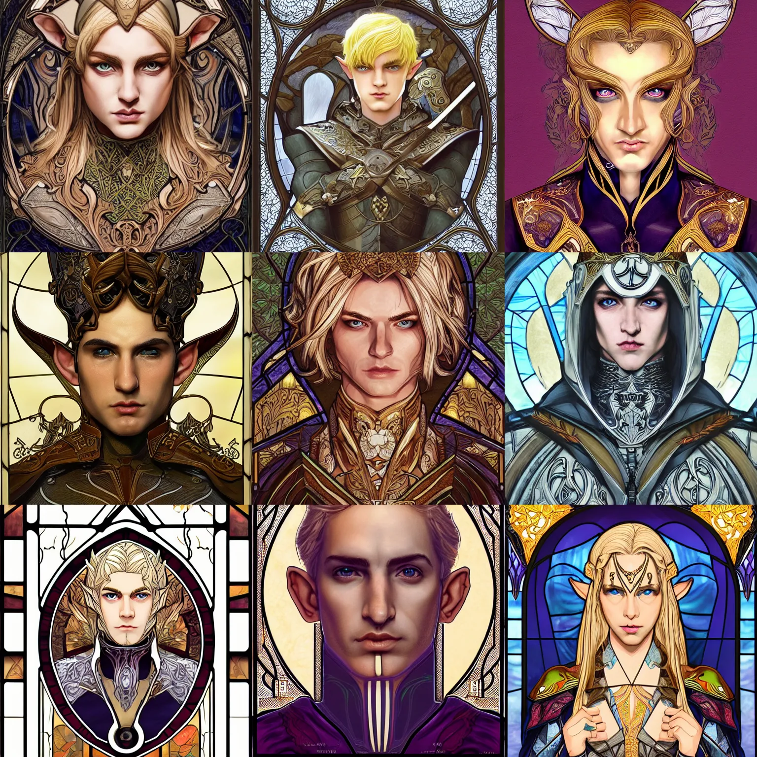 Prompt: head-on symmetrical centered painted portrait, Lude Law as male elf ranger, blonde hair, leather armour, art nouveau, tarot card style, stained glass, fantasy, intricate, elegant, highly detailed, smooth, sharp focus, illustration, artstation, in the style of Artgerm and Anna Podedworna and Alex Ross and Mucha