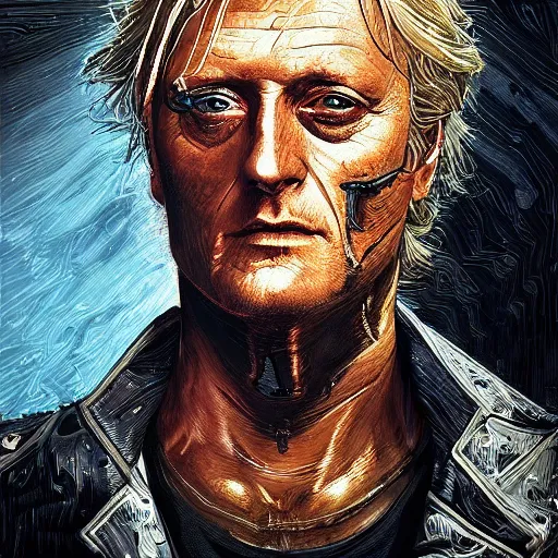 Prompt: vibrant portrait of rutger hauer cyborg by sandra chevrier laurie greasley gustave dore ron english, cybernetics, low contrast, cinematic dramatic lighting, hyper realistic detailed intricate render, hypermaximalist, ornate, epic composition, 4 k 8 k, cryengine octane, sharp focus, concept art, masterpiece